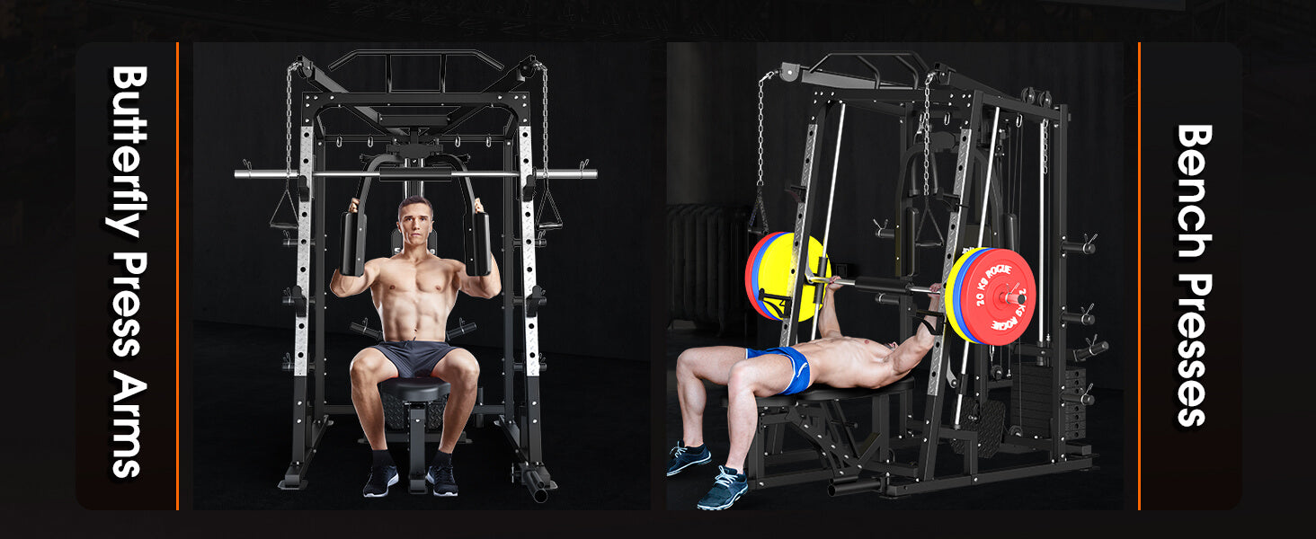 2 men doing butterfly press arms exercise and a bench press on all in one smith machine.