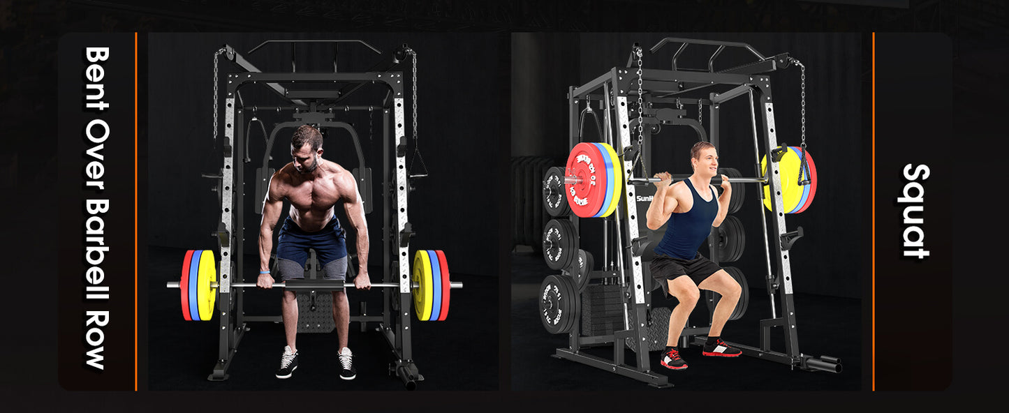 Two gym exercises demonstrated using a power rack: Bent Over Barbell Row and Squat.