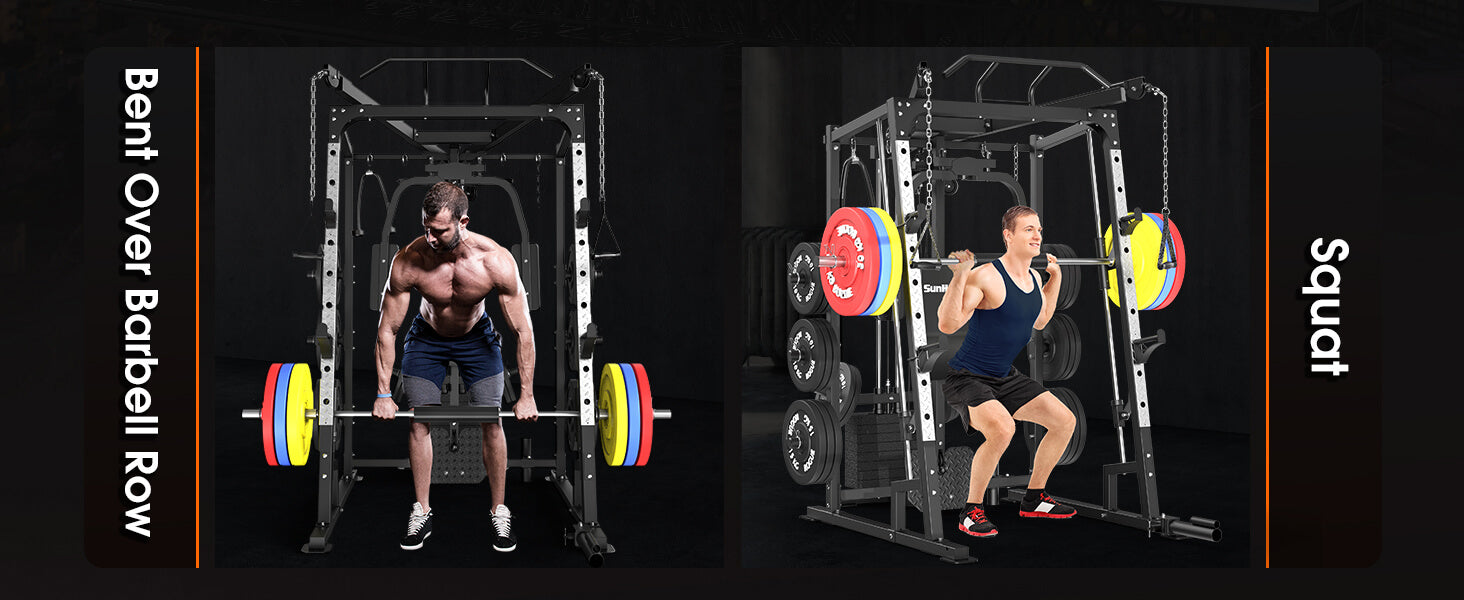 Two gym exercises demonstrated using a power rack: Bent Over Barbell Row and Squat.
