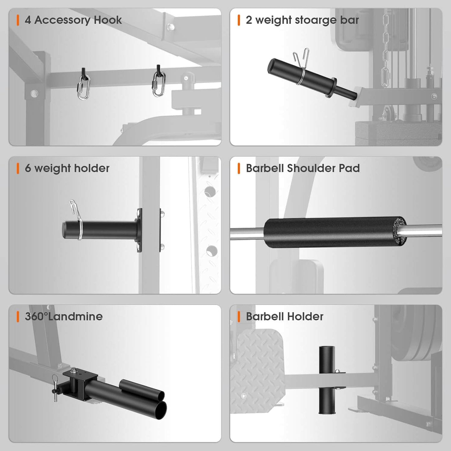 Diagram of all in one smith machine accessories including a barbell shoulder pad, weight holder, and more.