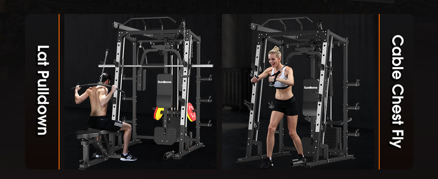Two people using all in one smith machine on a black background.