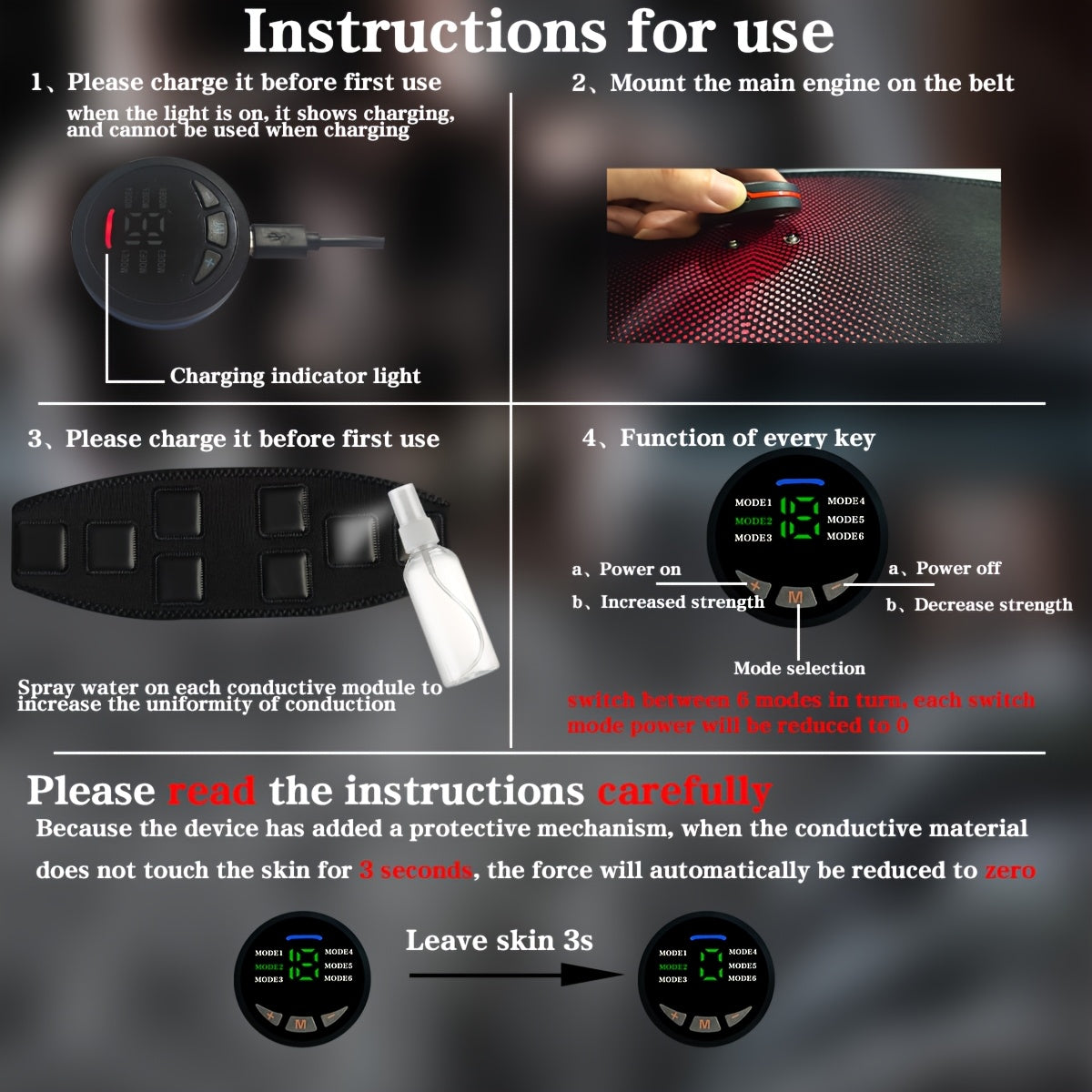 Instructions for a belly fat burner belt with charging indicator light, mounting guide, and key function details.