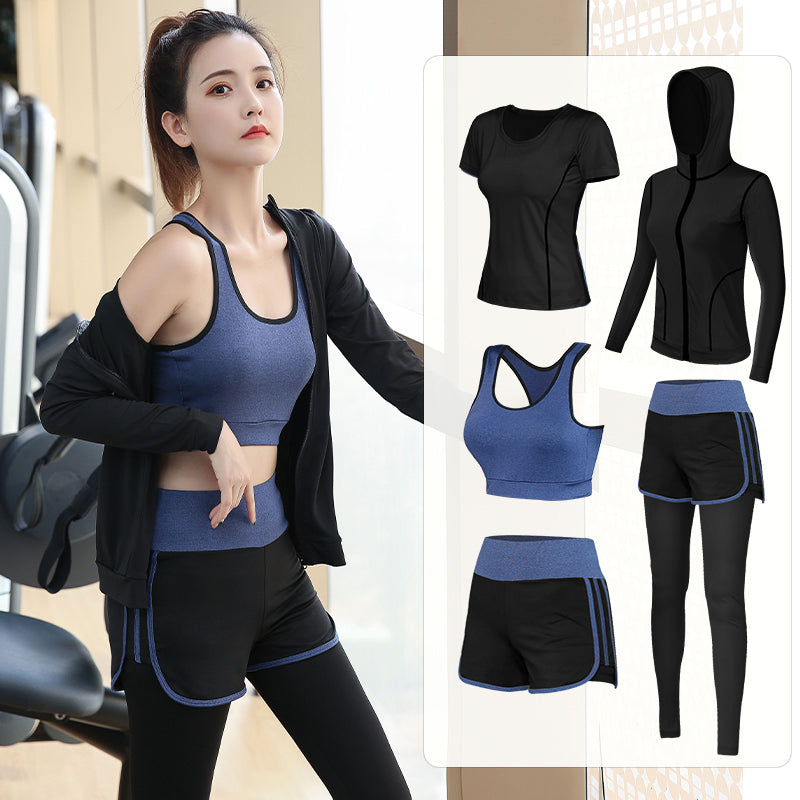 Woman in 5 Piece Yoga Clothes For Women with a split screen showing separate pieces of the outfit.