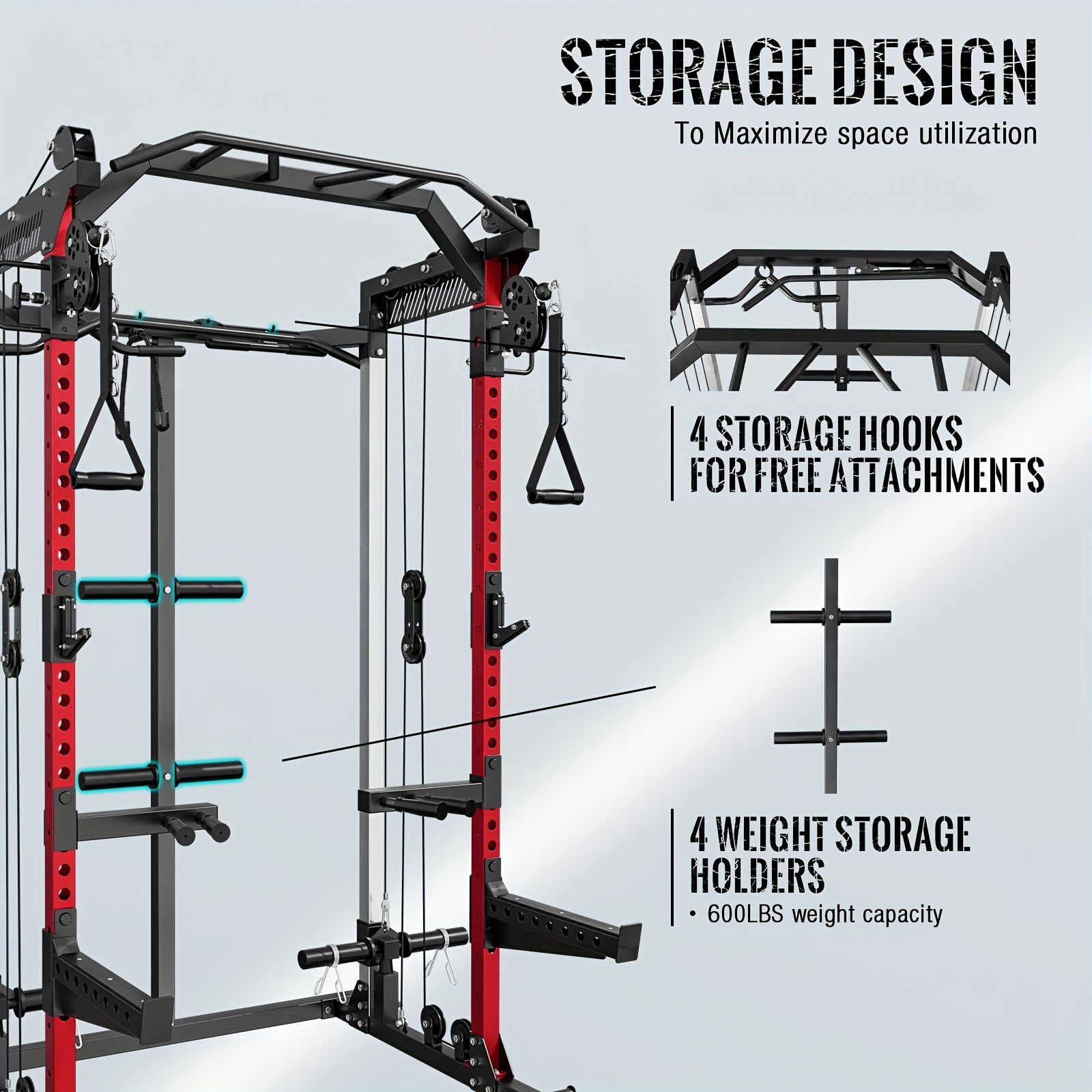 Gym storage system with hooks and weight holders on a light gray background