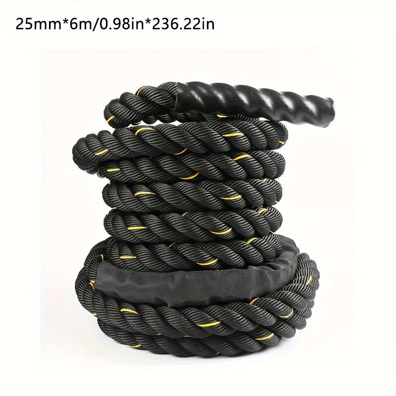Black and yellow exercise battle rope on a white background with dimensions displayed.