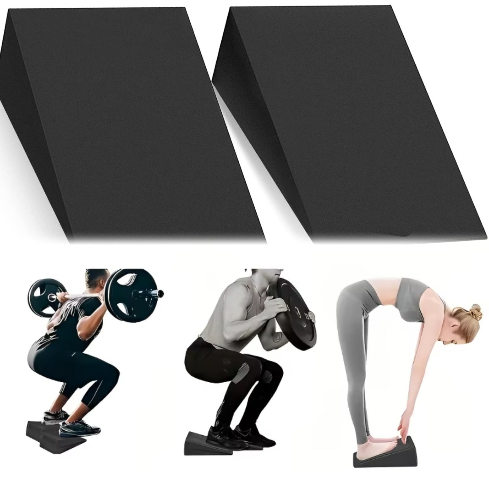 Black squat wedge with people using it for exercise on a white background