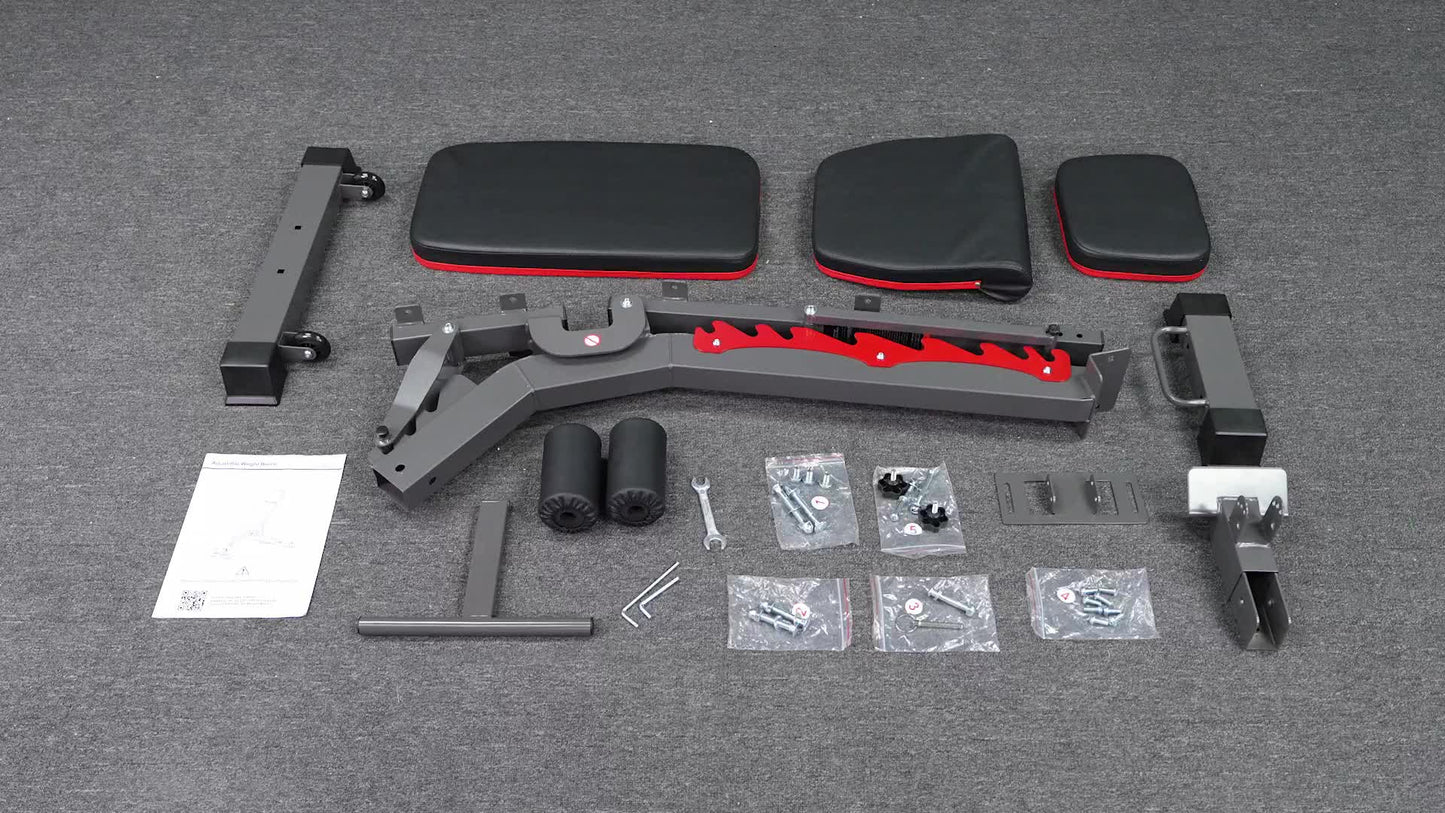 Set of gym equipment components on a gray surface