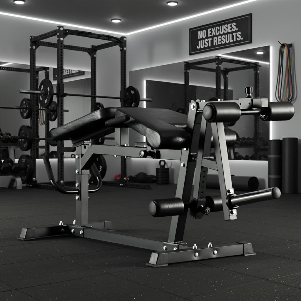 Leg exercise machine in a well-equipped gym with motivational quote on the wall.