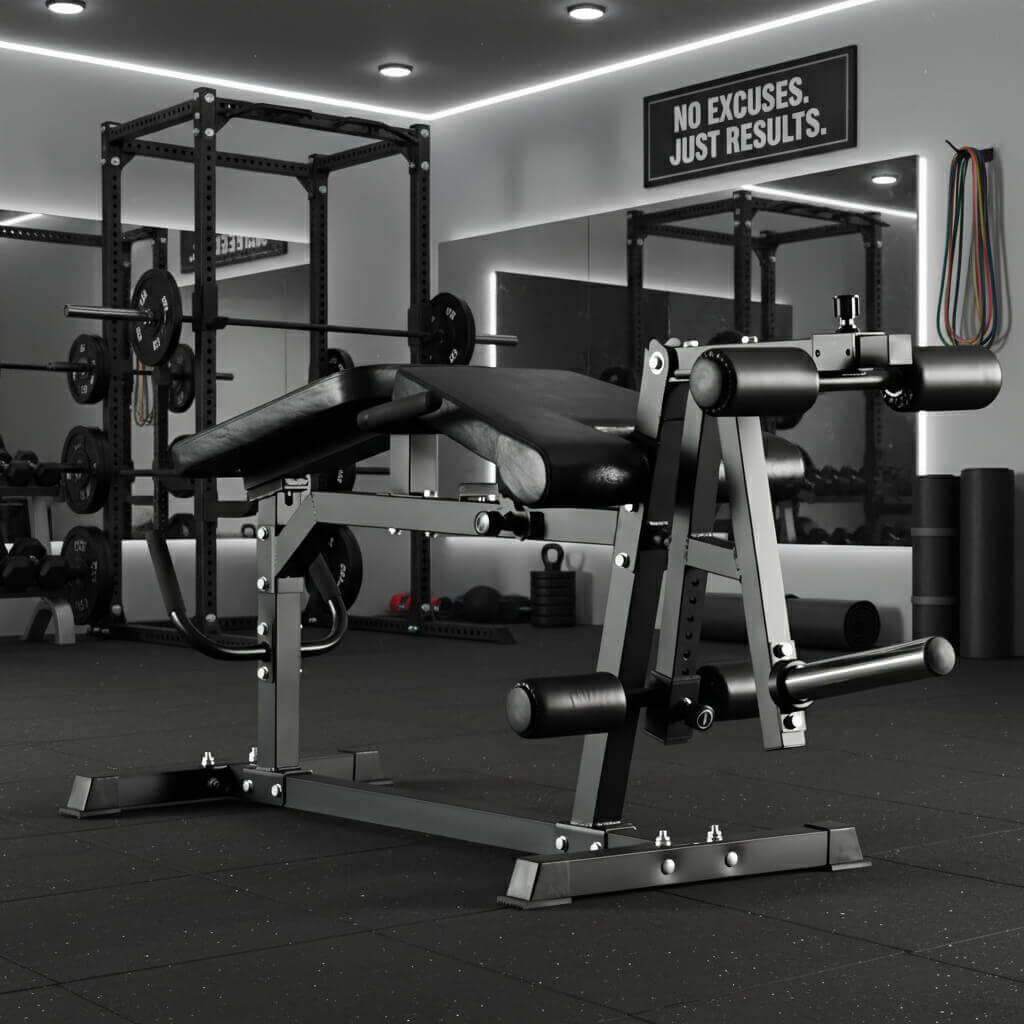 Leg exercise machine in a well-equipped gym with motivational quote on the wall.