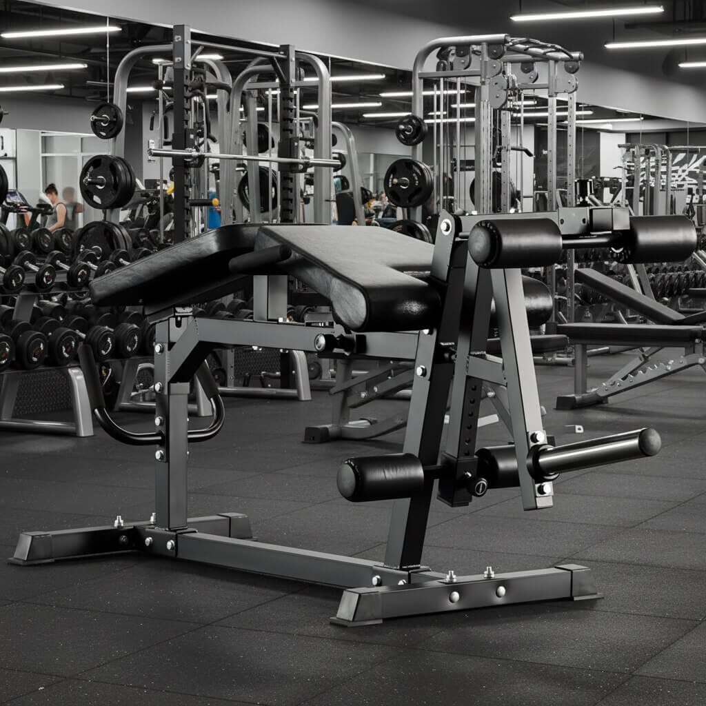 Leg exercise machine including a weight bench and dumbbells in a fitness center.