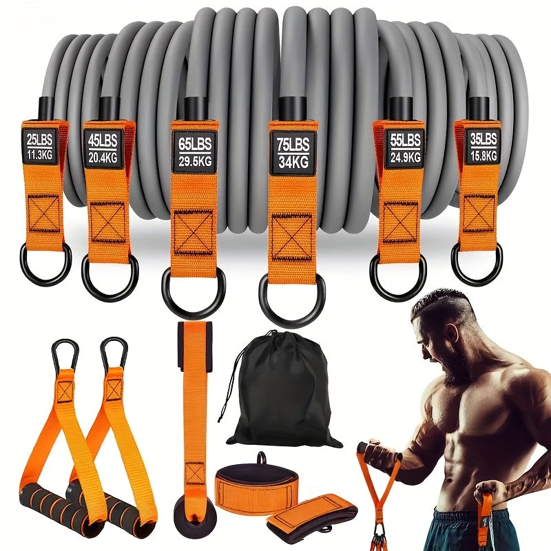 Set of resistance bands with various weight capacities, straps, and a man using the equipment.