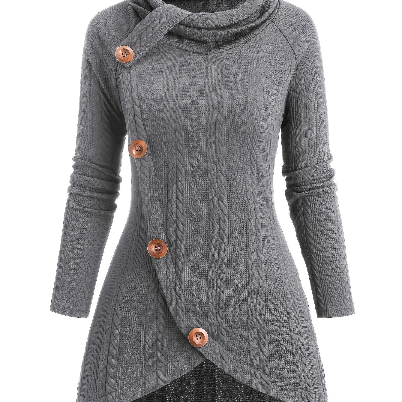 The front view of a grey women's cable knit cardigan sold by 100 spartans