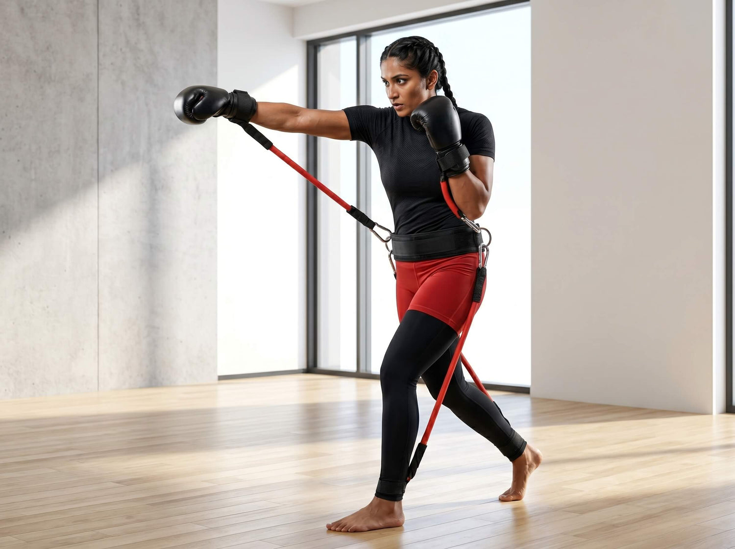 Woman exercising with resistance bands in a modern indoor setting