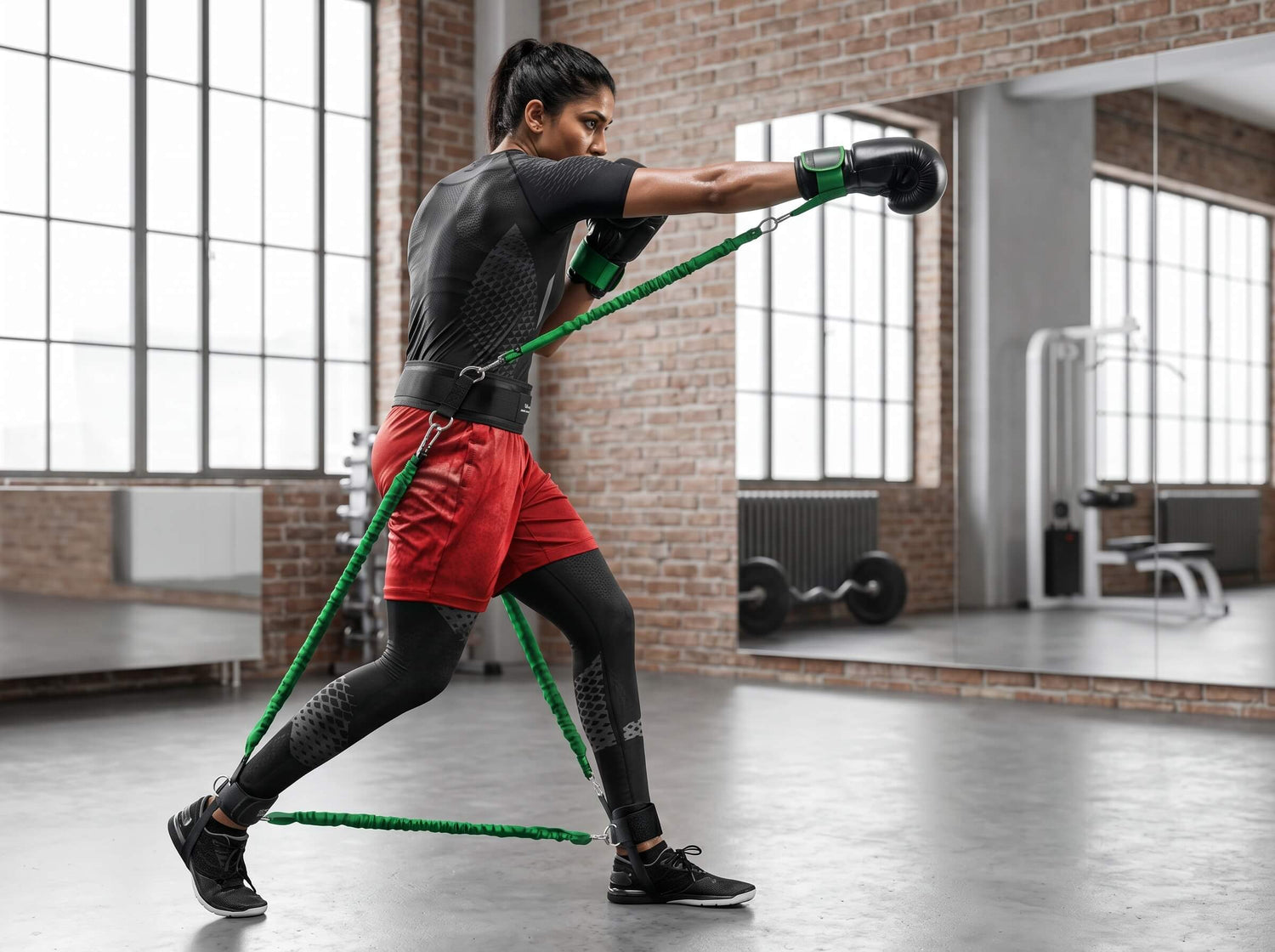 Person using green resistance bands in a gym setting
