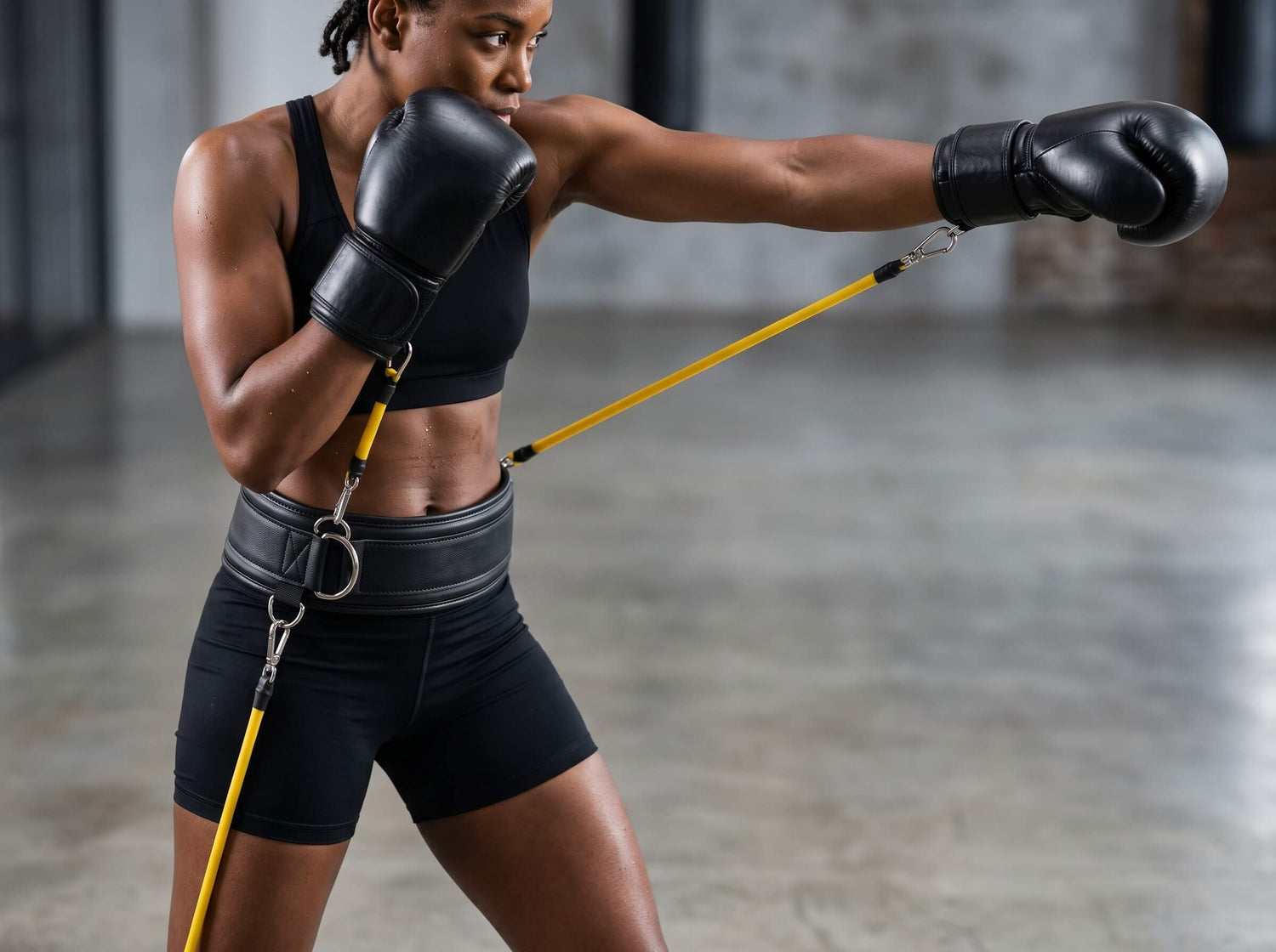 Person wearing black boxing gloves and shorts with resistance bands in a gym setting