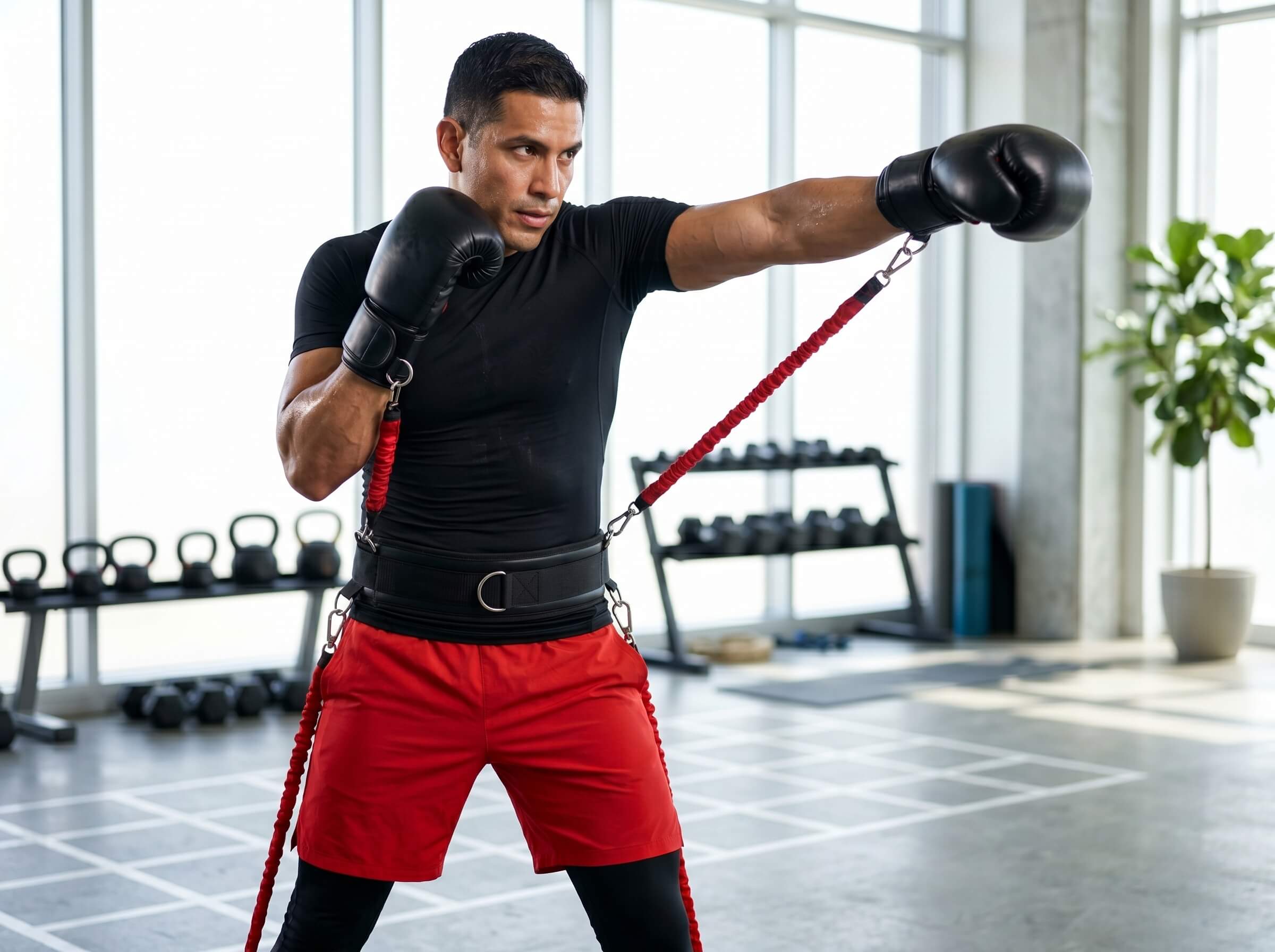 Man in black t-shirt and red shorts with boxing gloves training in a gym training with a set of red resistance bands