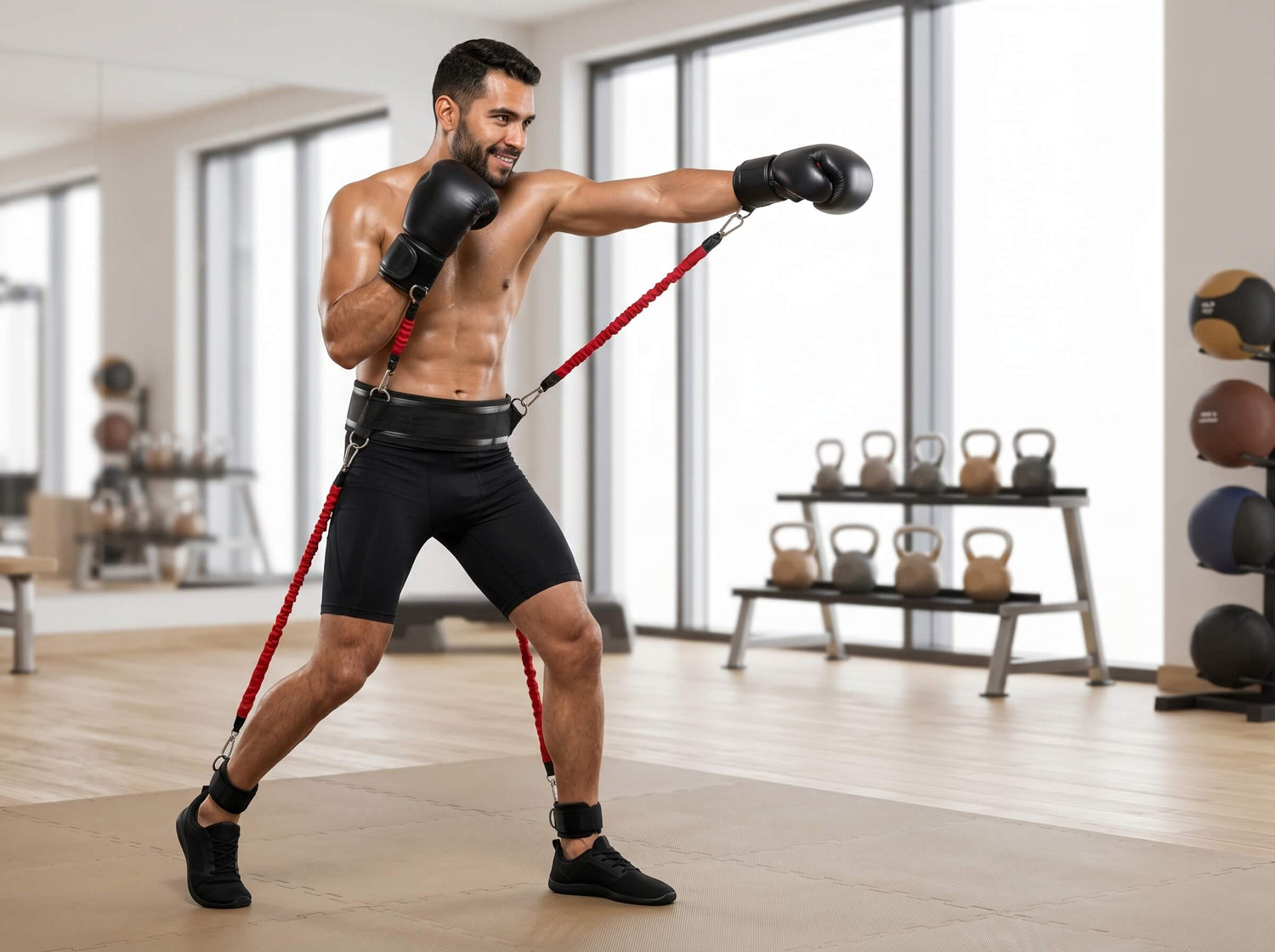 Man exercising with resistance bands in a gym setting