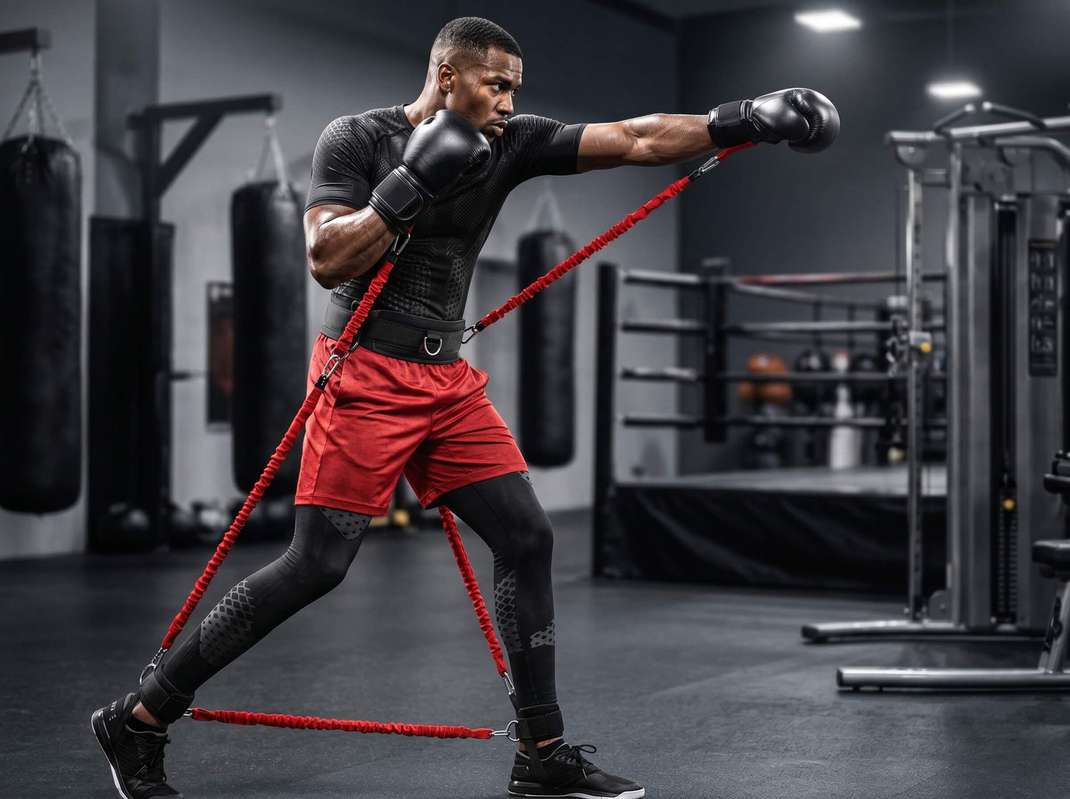 Athlete training with resistance bands in a gym setting