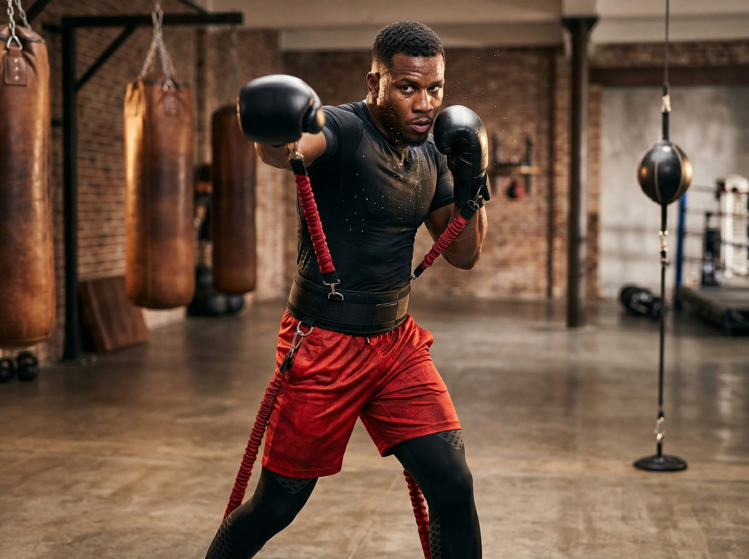 A male boxer training with a set of red resistance bands in a gym setting