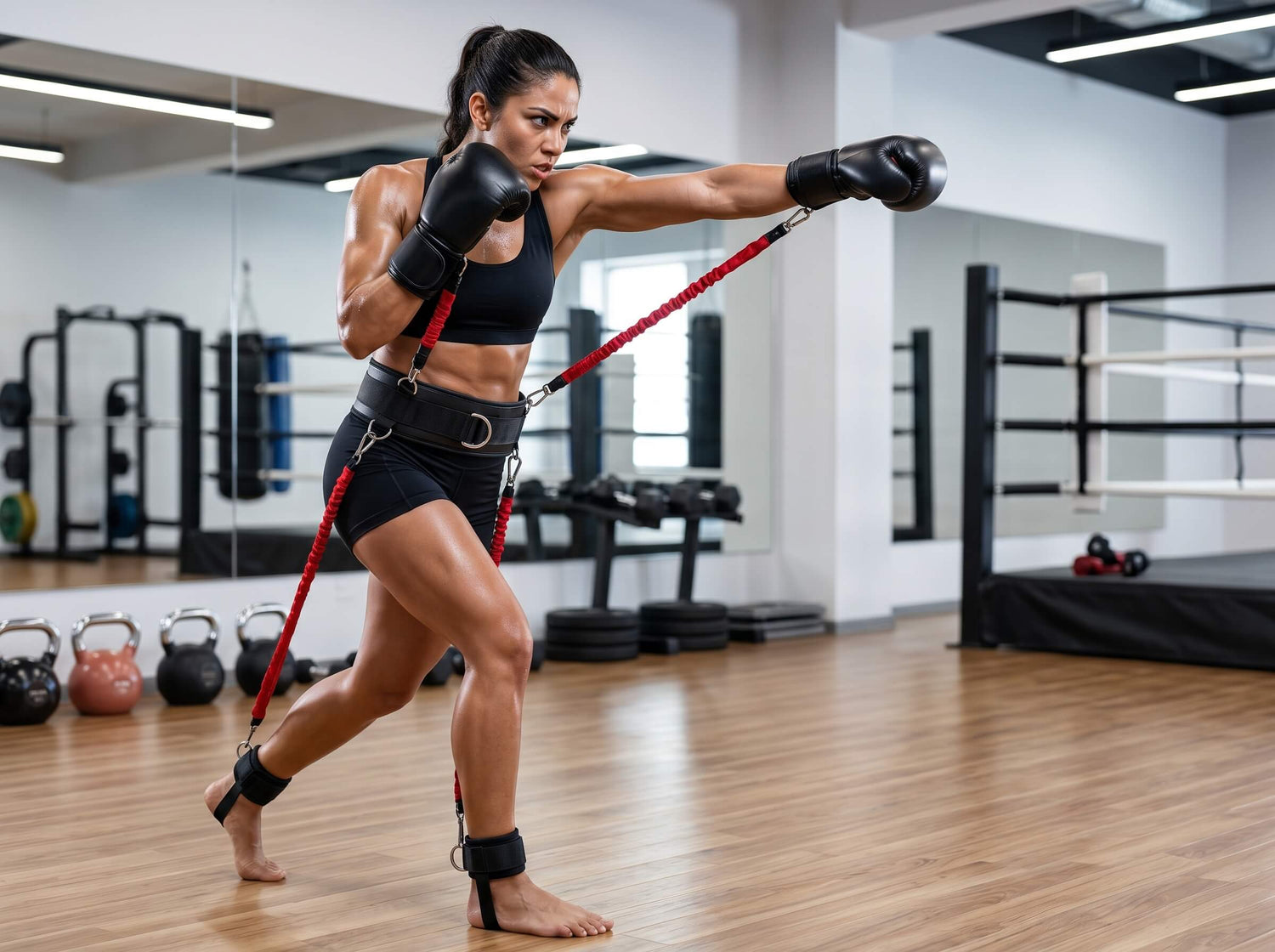 Woman training in a boxing ring with resistance bands in a gym.