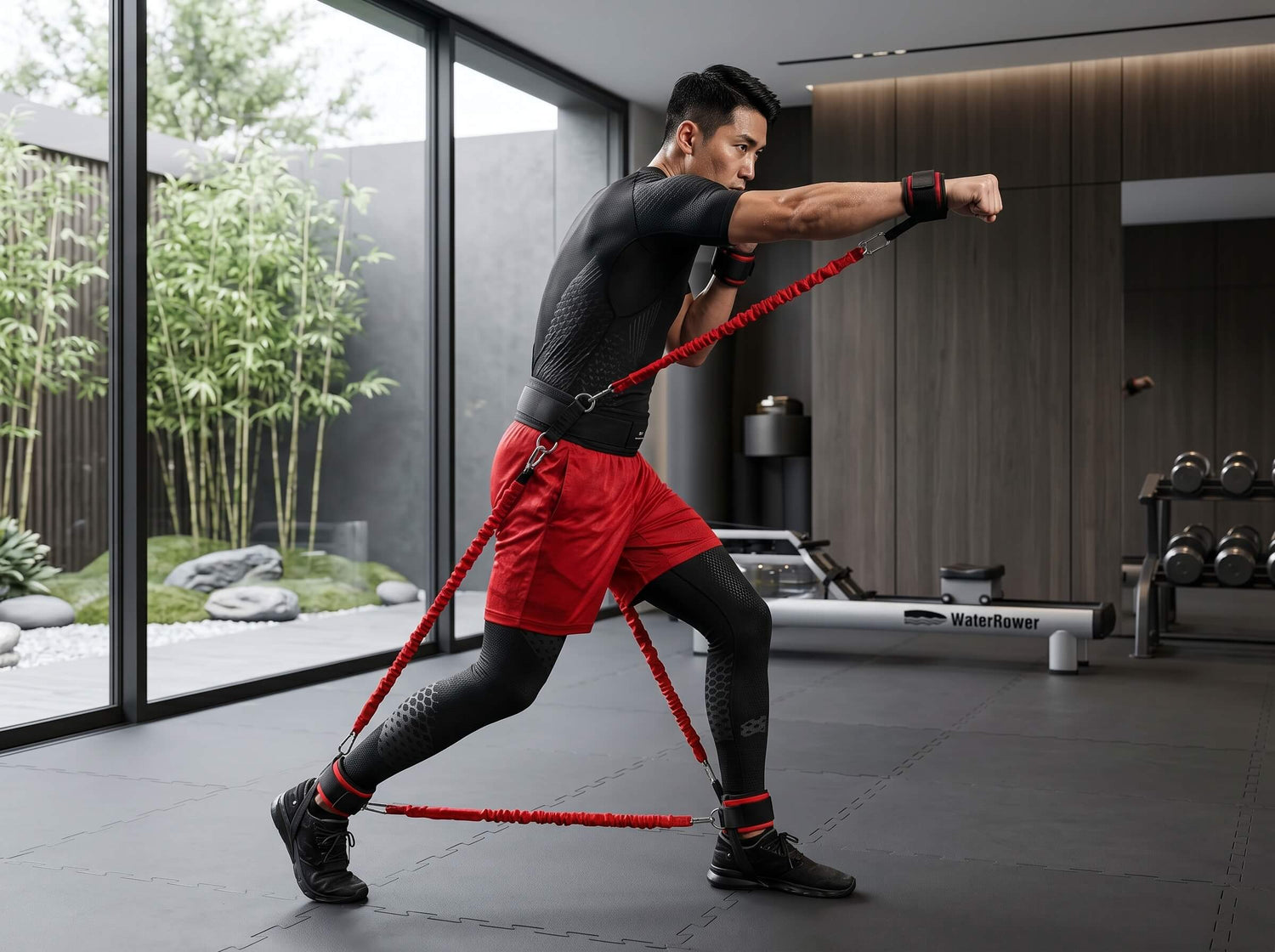 Person exercising with resistance bands in a modern indoor setting