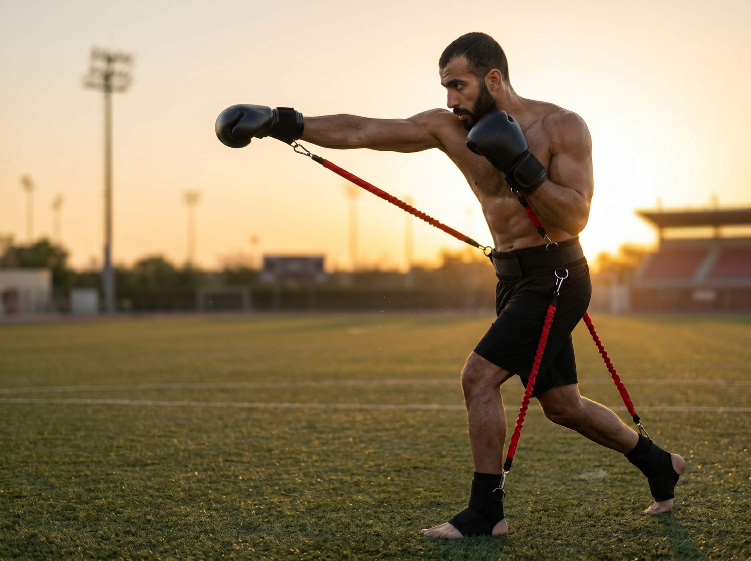Man exercising with resistance bands on a sports field at sunset