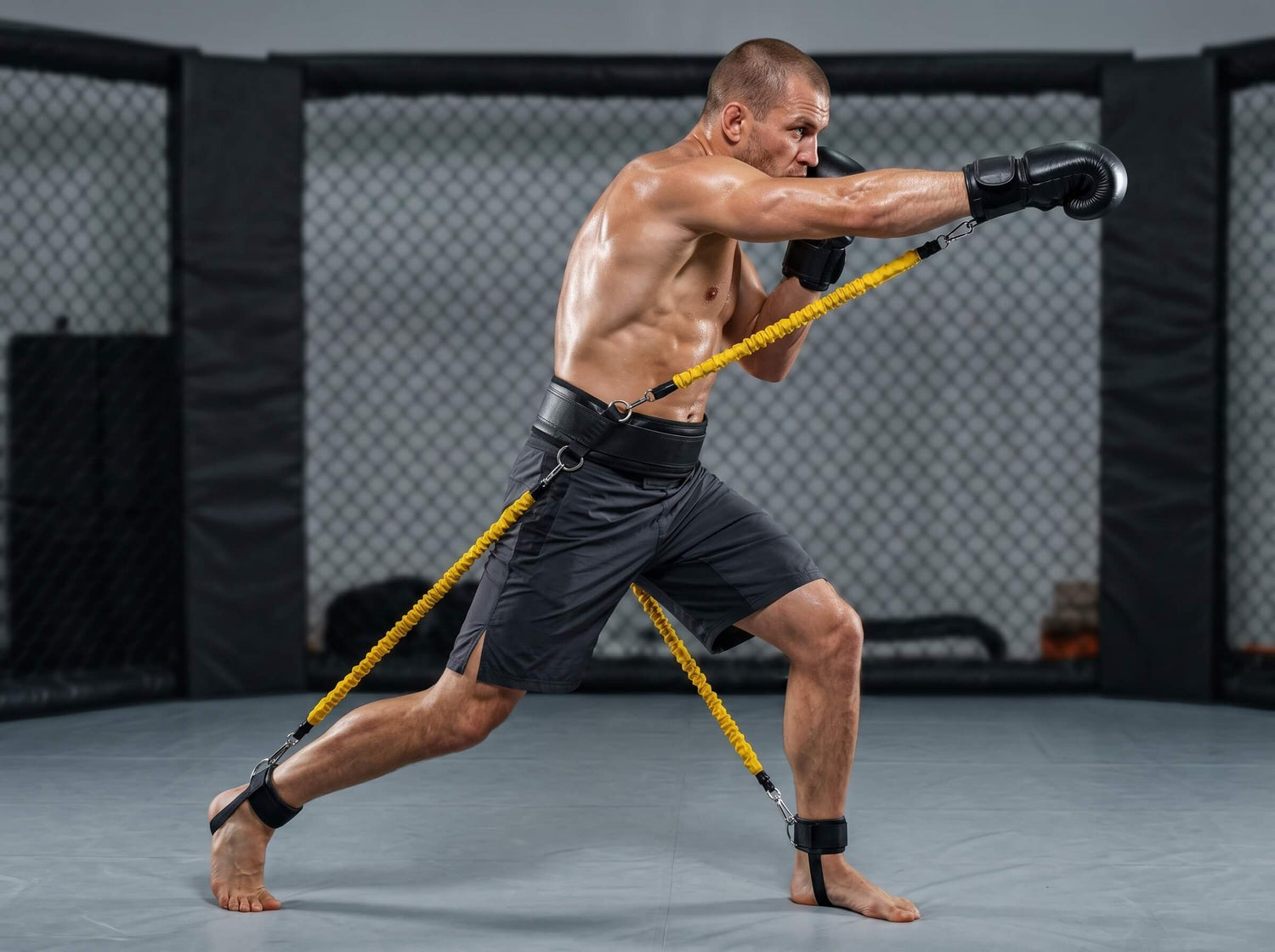 Athlete in a fighting stance with a rope in a gym setting