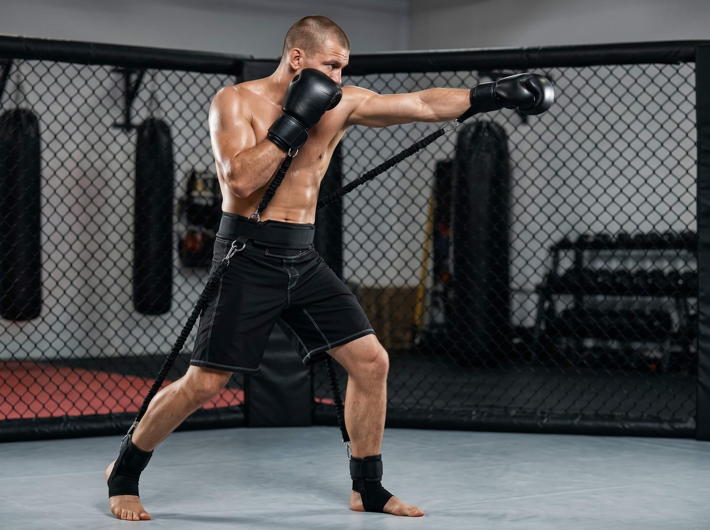 Boxer in black shorts and gloves practicing martial arts in a gym training with a black resistance band set.