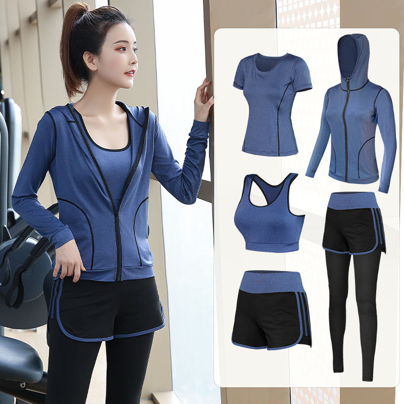 Woman wearing a blue 5 Piece Yoga Clothes For Women with a display of matching workout clothes on a white background.