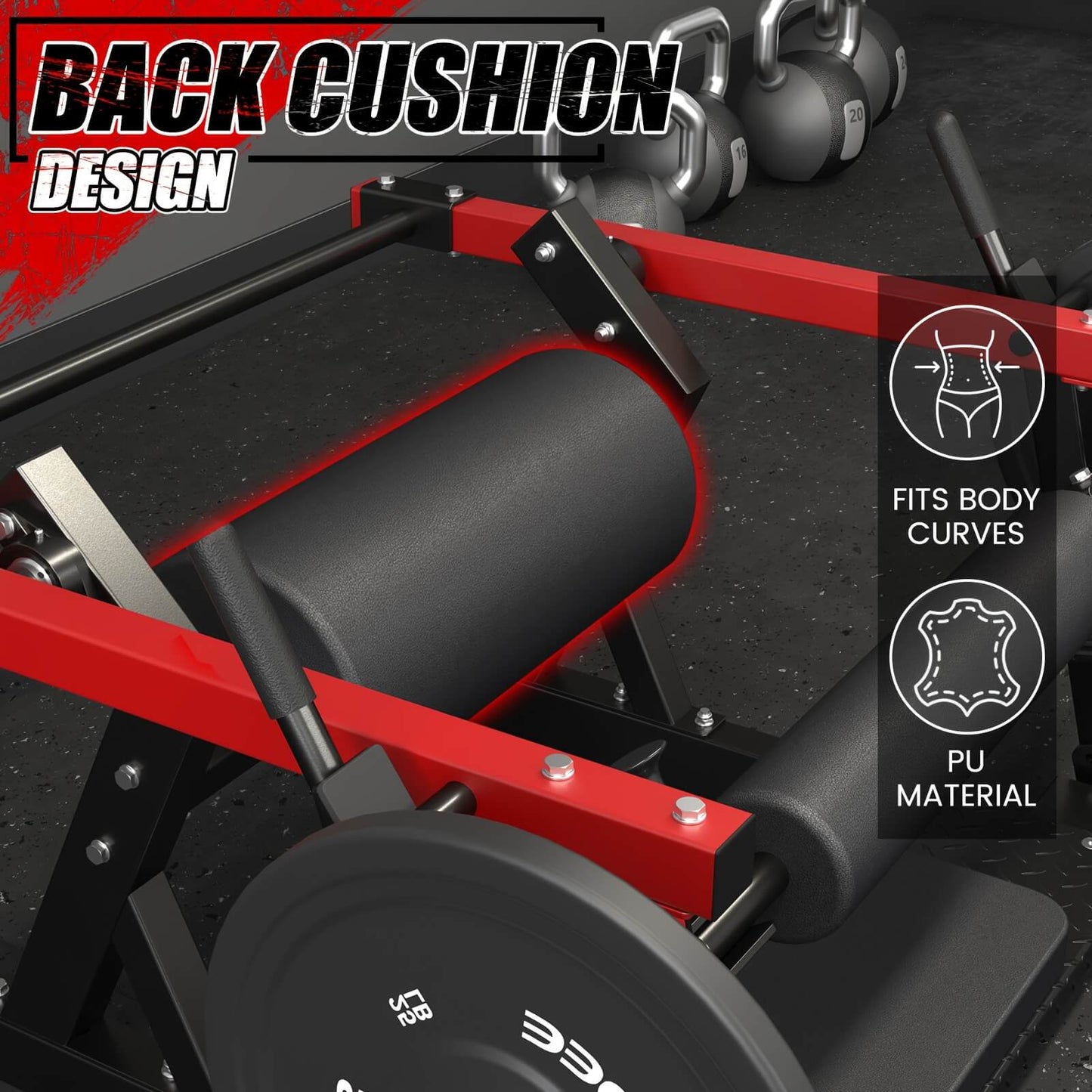 Glute bridge machine with back cushion design feature highlighted, showing red and black color scheme.