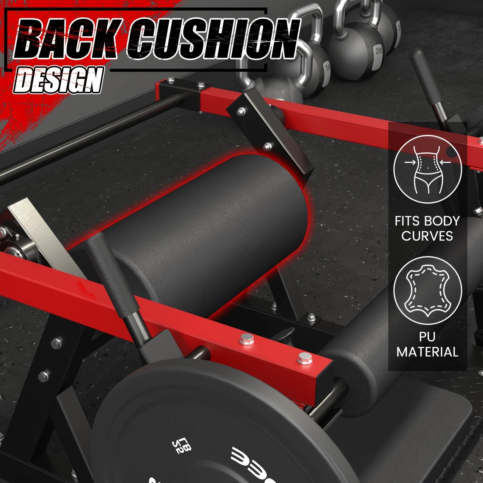 Glute bridge machine with back cushion design feature highlighted, showing red and black color scheme.