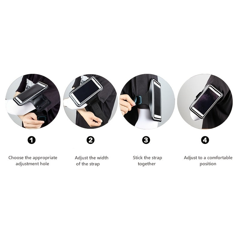 Step-by-step guide on how to use a black phone holder for running with text instructions.