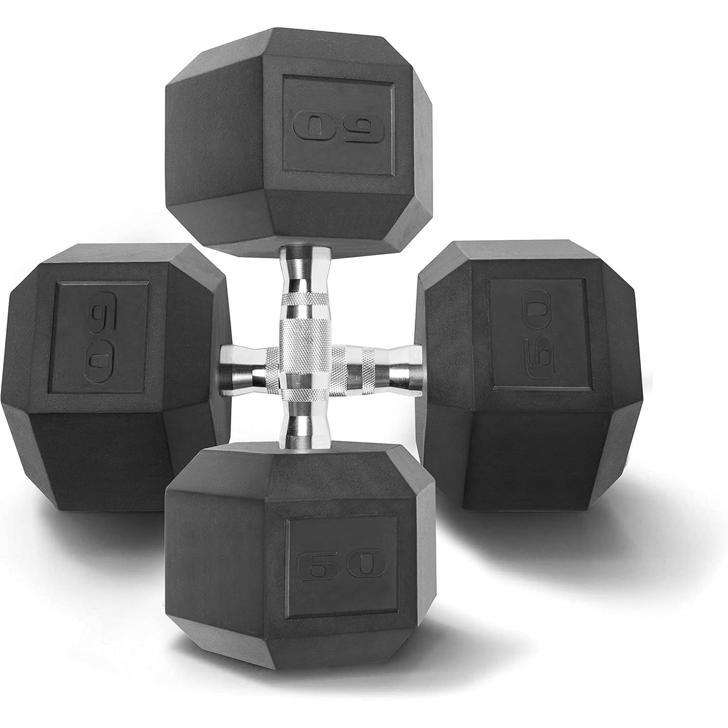 Set of black hexagonal dumbbells on a white background