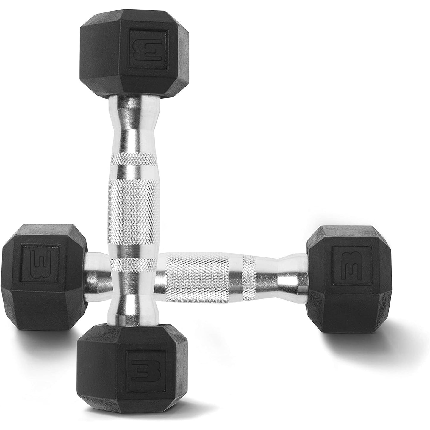 Pair of hexagonal dumbbells with black rubber coating on a white background