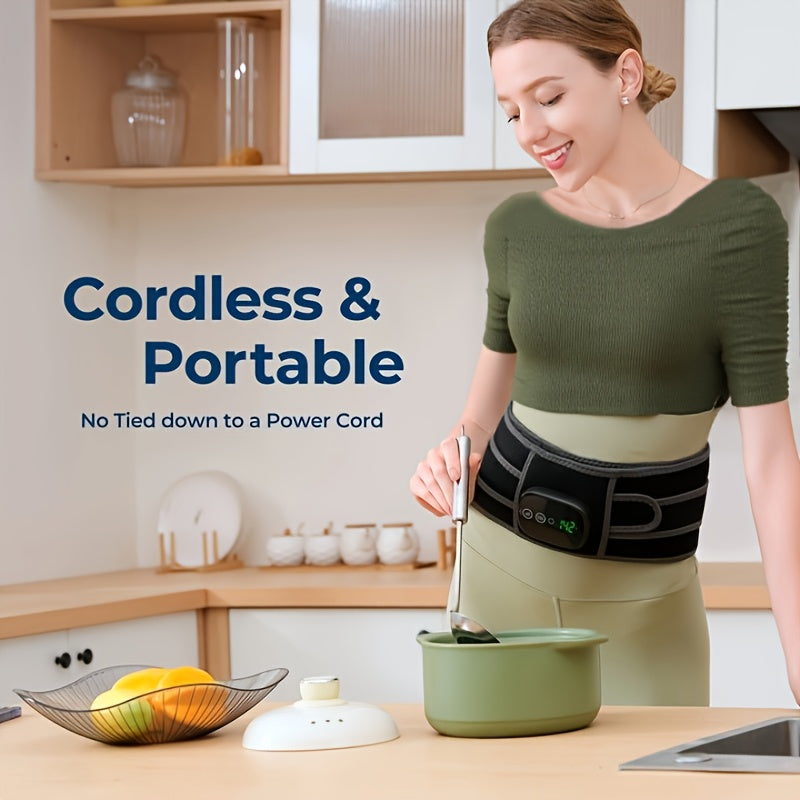 Woman using a muscle stimulator machine in a kitchen.