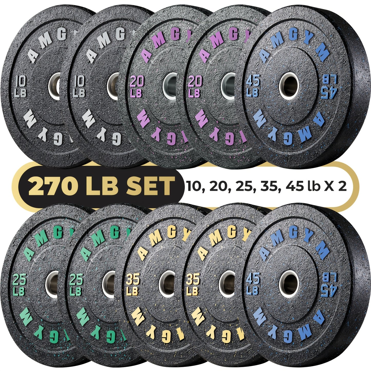 Set of weight plates with color-coded labels on a white background