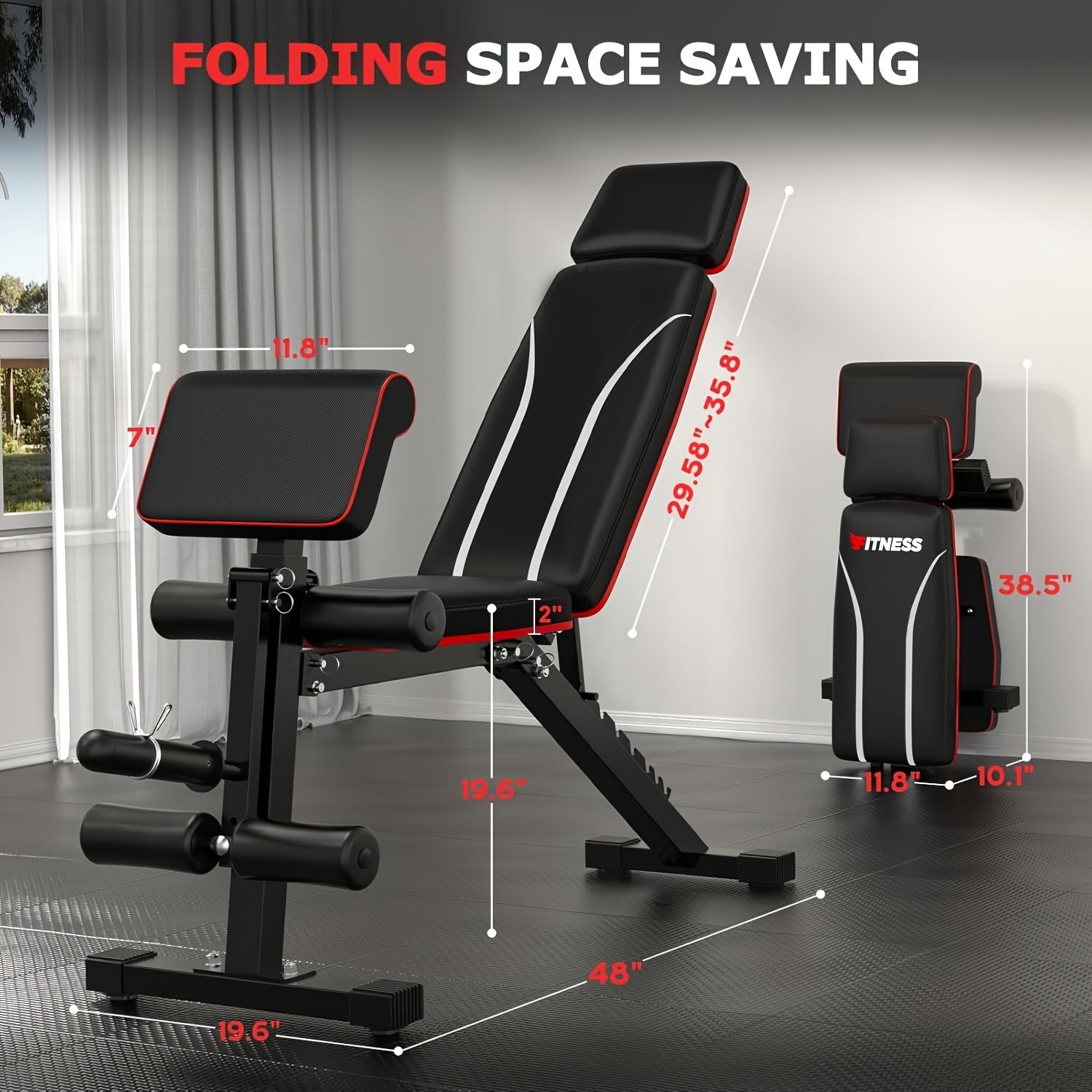 Black and red adjustable fitness bench with dimensions on a gray floor.
