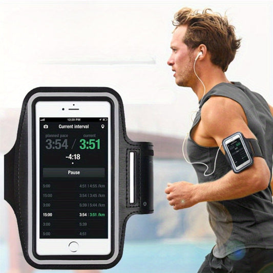 Person running with a phone holder for running​ displaying a fitness app.