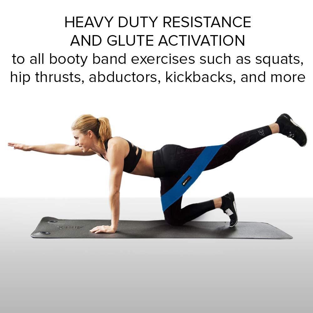Woman exercising with a resistance band on a mat, with text about resistance and glute activation.
