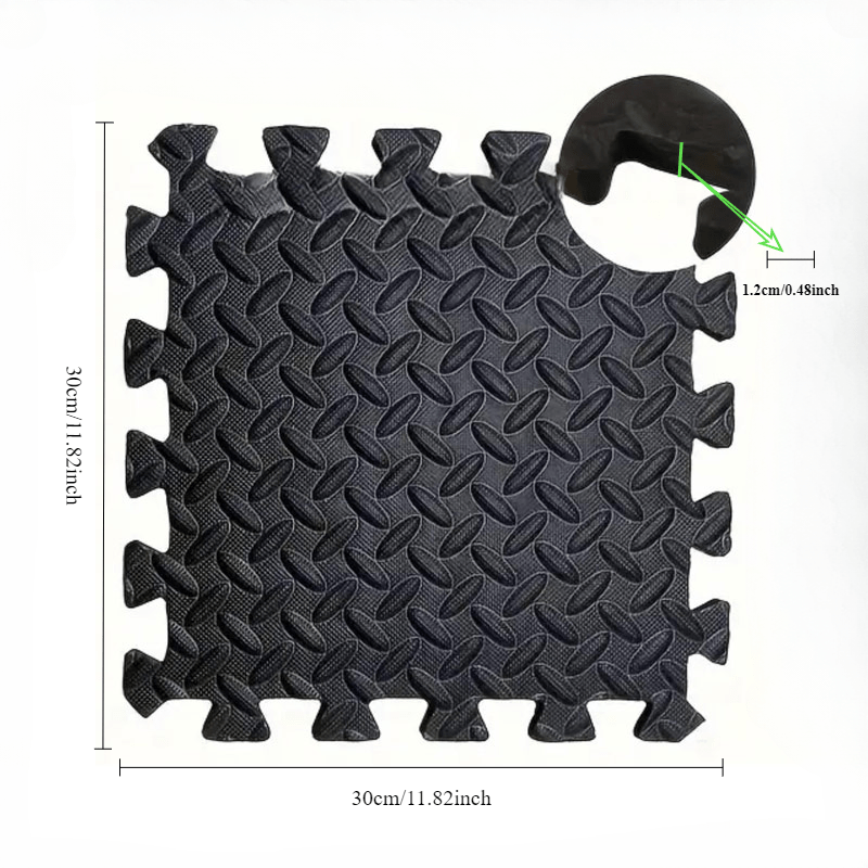 Black interlocking foam mat with measurements on a white background