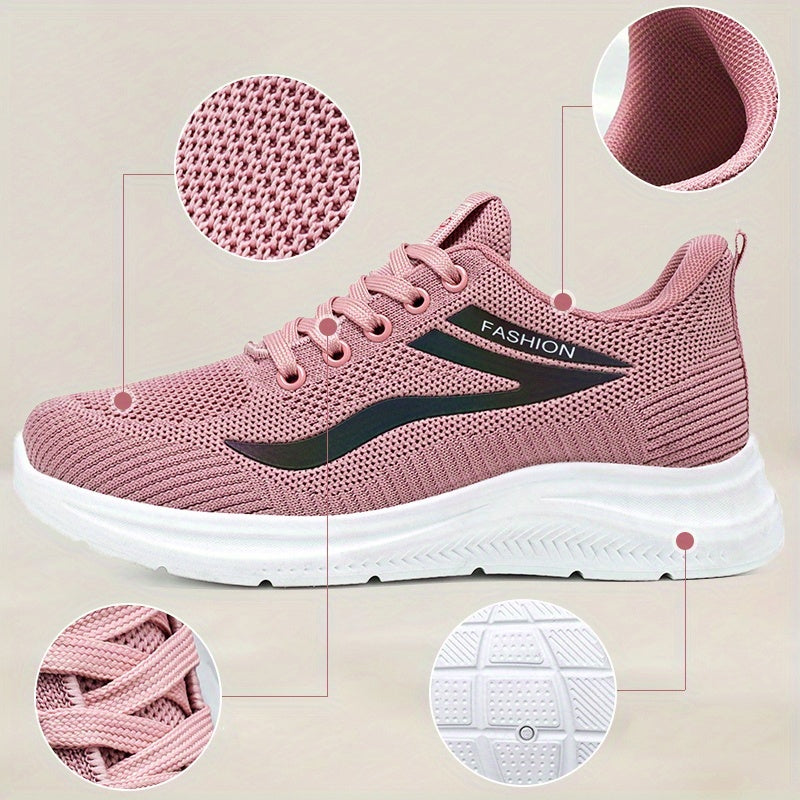 Pink running shoe with close-up details on a beige background