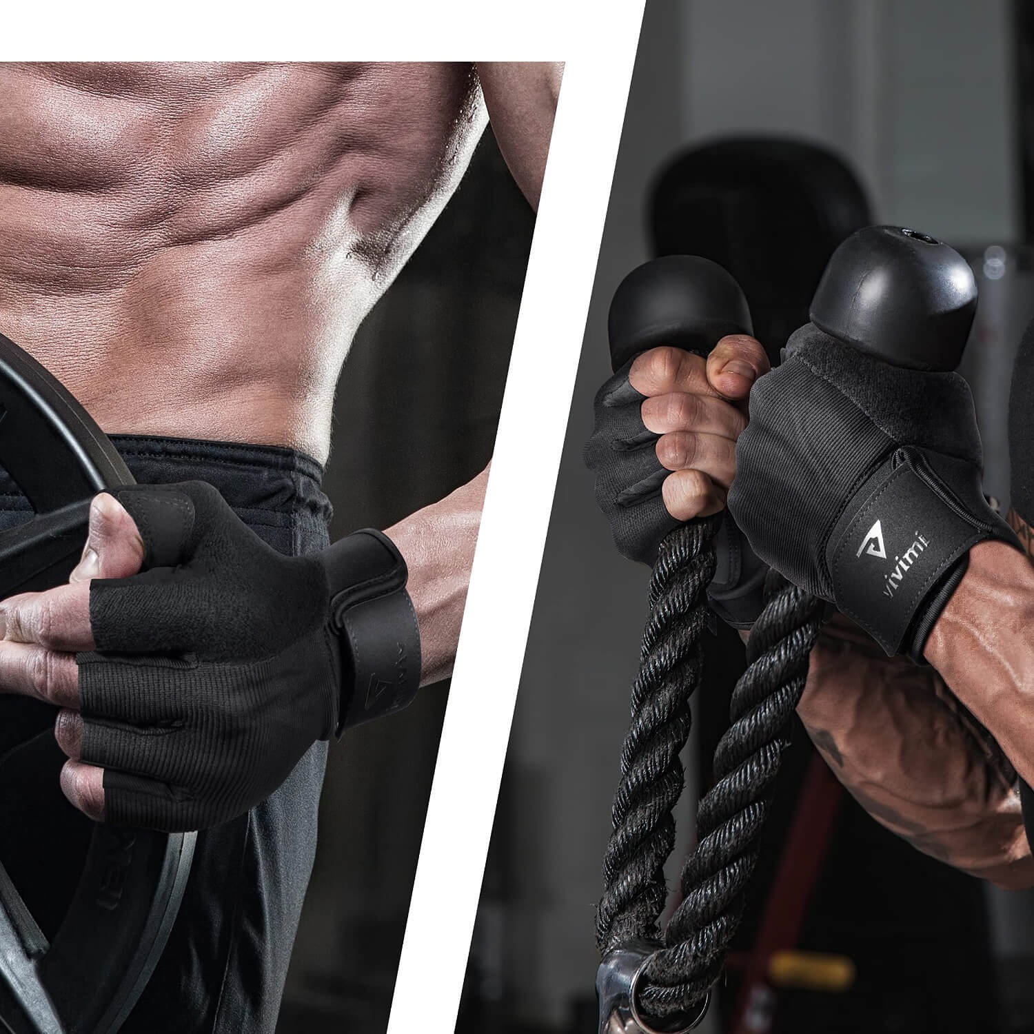 Split image showing a person with a muscular arm and another wearing black workout training gloves holding onto ropes.