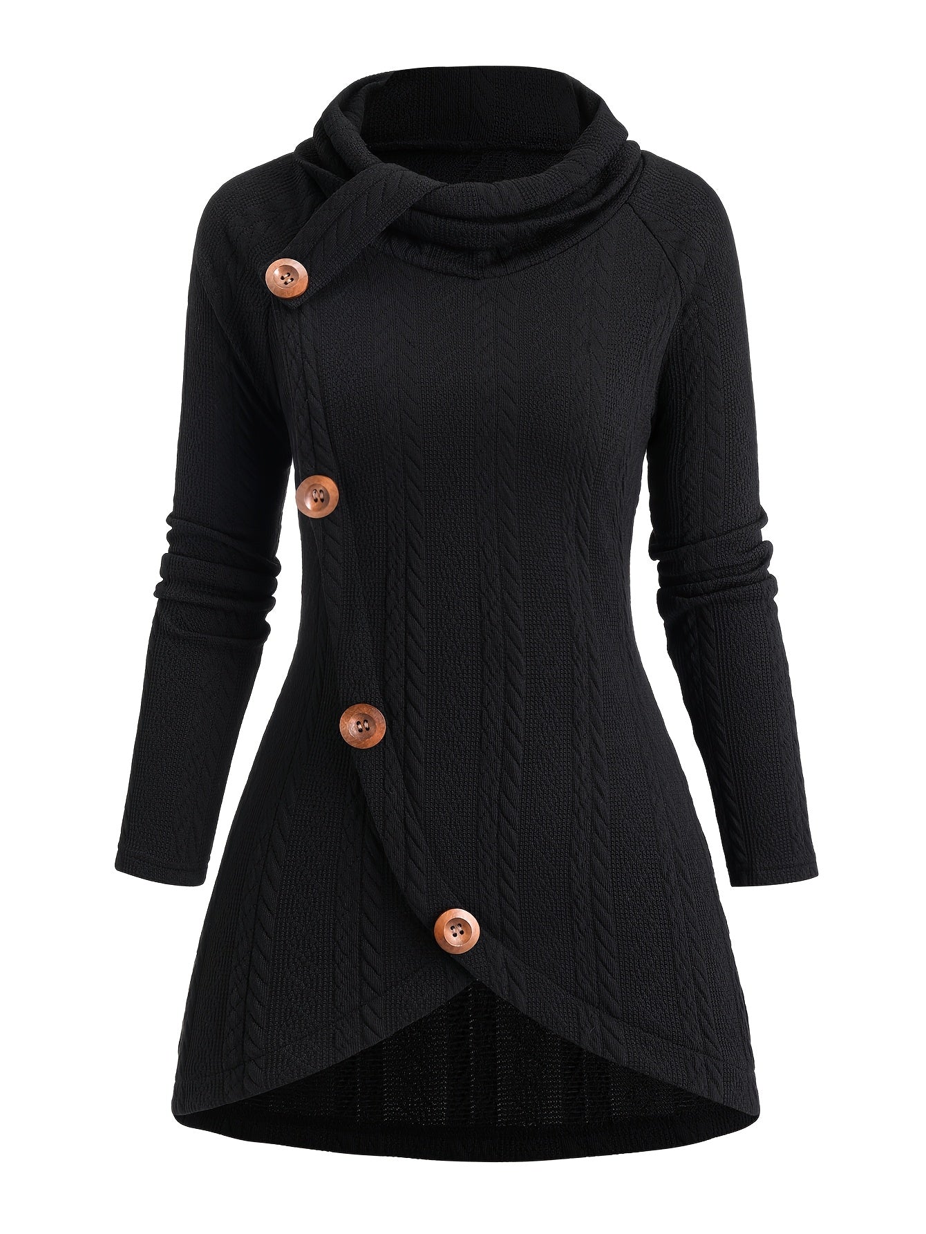 The front view of a black women's cable knit cardigan sold by 100 spartans