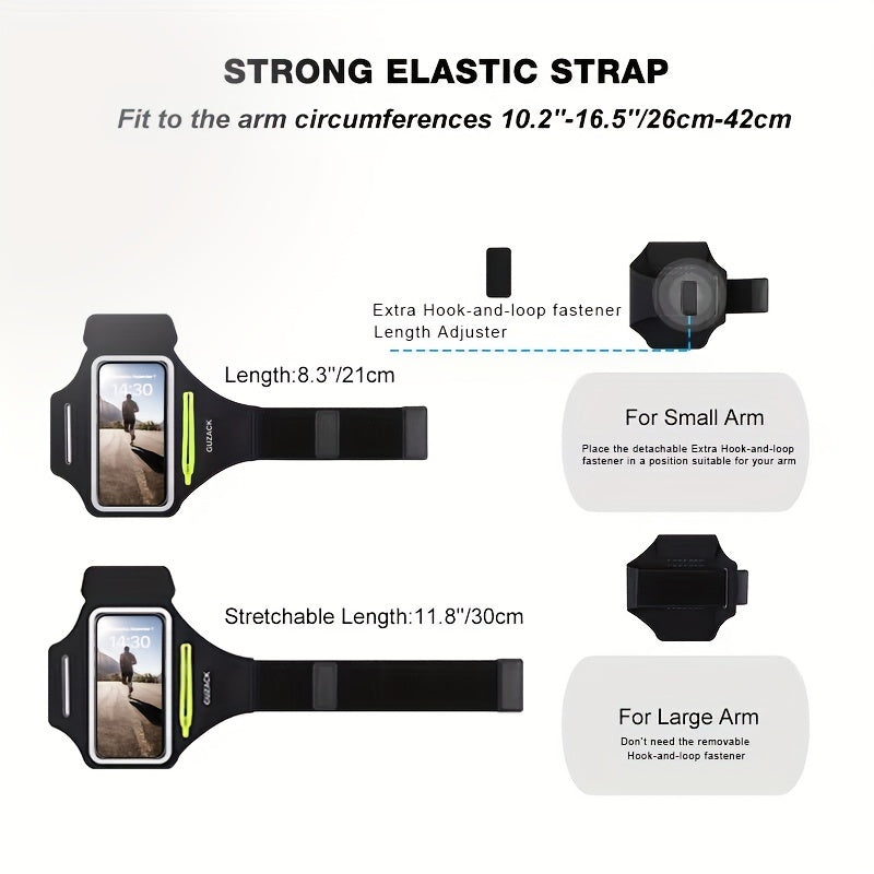 Smartphone phone holder for running​ with adjustable strap for different arm circumferences, featuring a hook-and-loop fastener.