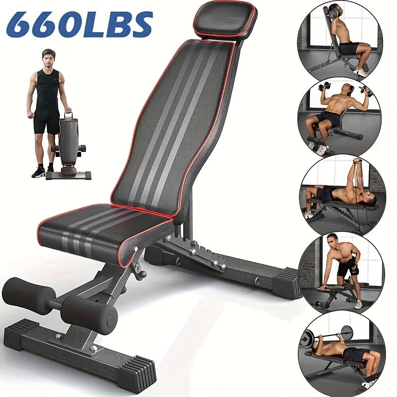 Multifunctional weight adjustable bench with weight capacity display and usage examples on a white background