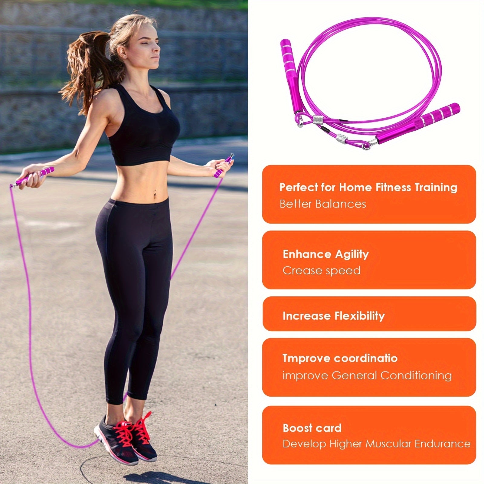 Woman exercising with a adjustable skipping rope on a road, with product details on fitness benefits on the right.