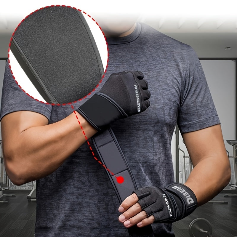 Person wearing black wrist wraps with a close-up of the wrist wrap design in a gym setting.