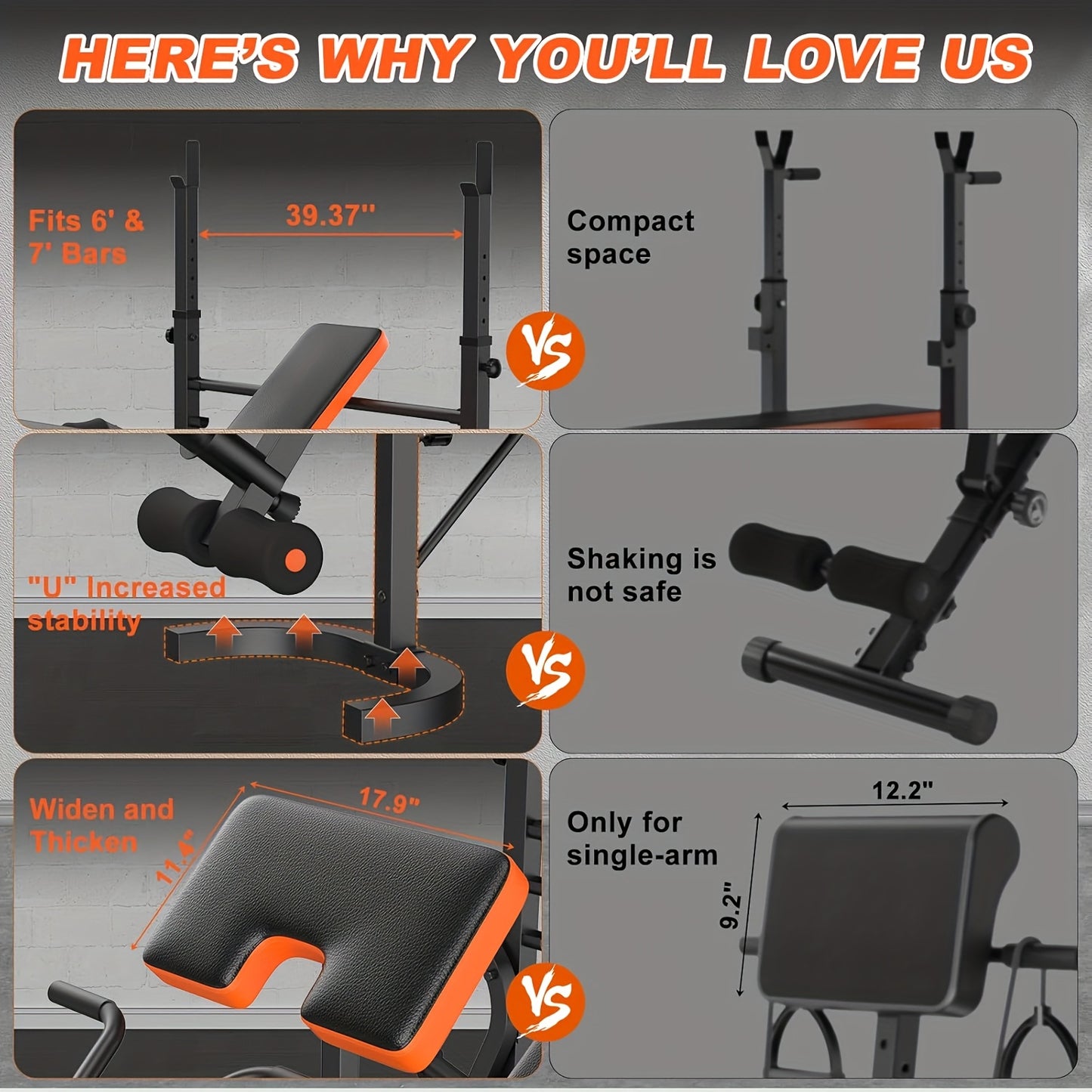 Comparison chart of a adjustable weight bench with various features highlighted on a gray background.
