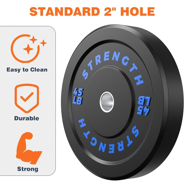 Black weight plate with 'Strength' branding and 45 lb marking, featuring icons for easy cleaning, durability, and strength on a white background.