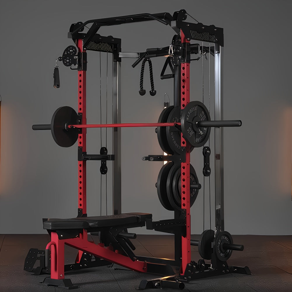 Red and black smith machine in a gym setting